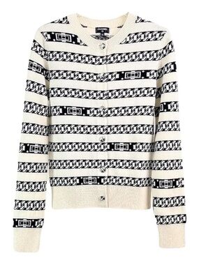 CHANEL Cream and Black Striped Chain-Pattern Cardigan